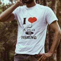 Egyedi nyomtatott póló Egyéb témában, I love fishing képpel/szöveggel.