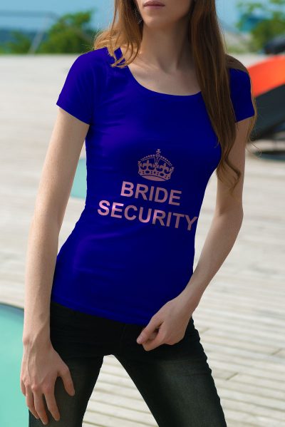 Egyedi nyomtatott póló Legény- és leánybúcsú témában, Bride Security képpel/szöveggel.